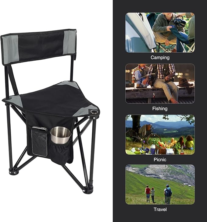 REDCAMP 2 Pack Tripod Camping Chairs Folding Lightweight Portable 3 Legged Tripod Stool Seat with Backrest Small Golf Chair Compact for Adults Fishing Hunting Black