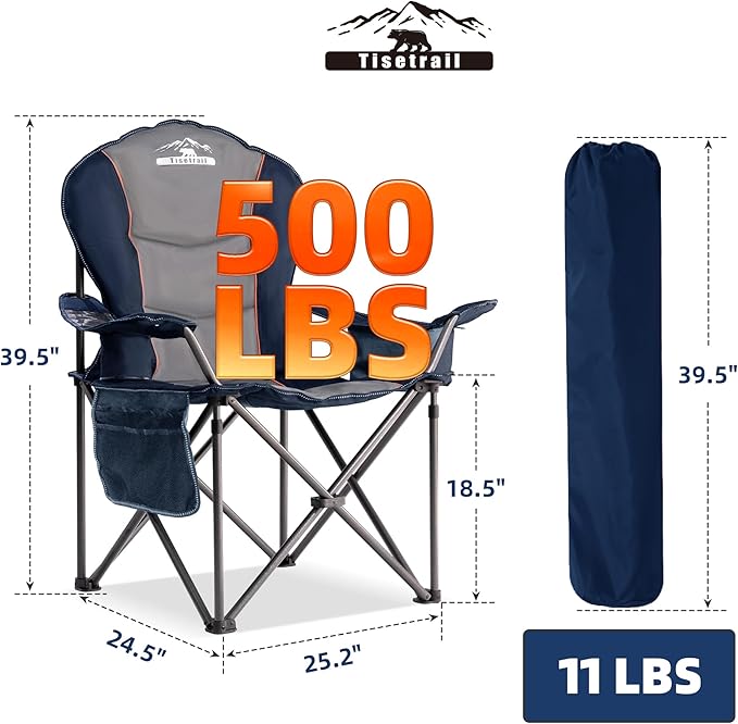 Camping Chairs Oversized Padded Folding Camping Chair with Lumbar Back Heavy Duty 500 lb Support Collapsible Chair with Cooler Bag Cup Holder for Outdoor Garden Beach Fishing 1 Pack Gry
