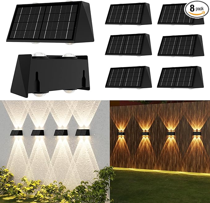 8-Pack Solar Fence Lights Up &amp Down Lighting 50LM/25LM 4 Modes (3000K/6500K) IP65 Waterproof 1200mAh Battery Screw/Adhesive Mount for Garden Wall Path Deck