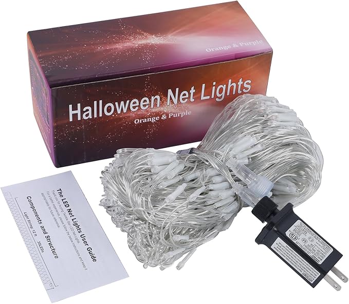 WATERGLIDE Outdoor Halloween Net Lights 12FT x 5FT 360 LED Fairy String Light with 8 Lighting Modes Connectable Light Safe Adaptor for Garden Tree Bushes Holiday Party Decorations Orange &amp Purp
