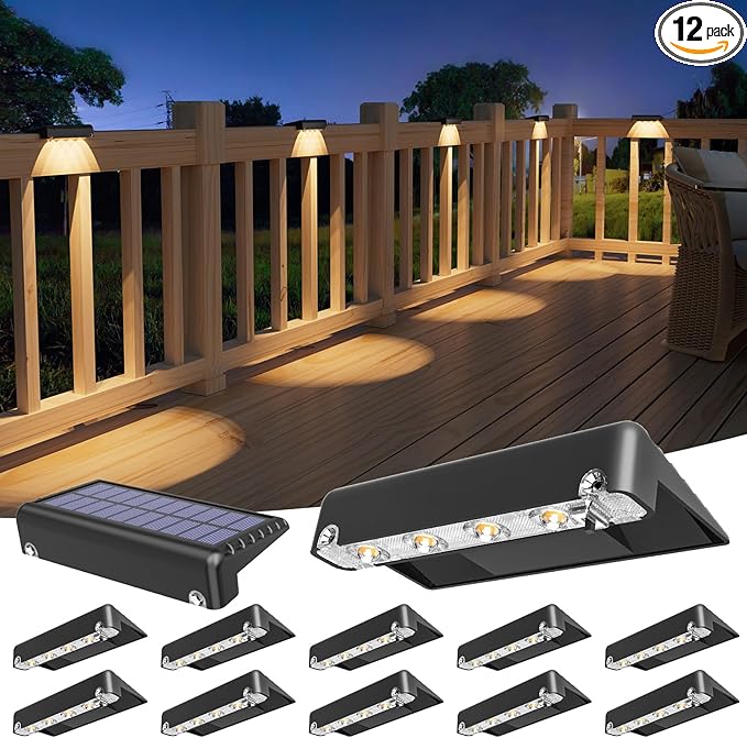 VOLISUN Solar Deck Lights 12 Pack Warm White Glow LED Large Size Lamp IP65 Waterproof Step Lights Outdoor for Deck Step Fence Railing Wall and Stairs (Black)
