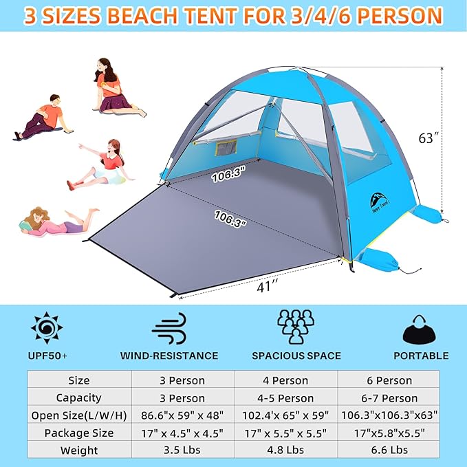 Happy Travel Beach Tent UPF 50+ UV Protection Sun Shade Shelter for 3/4/5/6/7/8 Person Portable Beach Canopy for Family &amp Baby Lightweight &amp Easy Setup Beach Cabana with 3 Ventilation Mesh