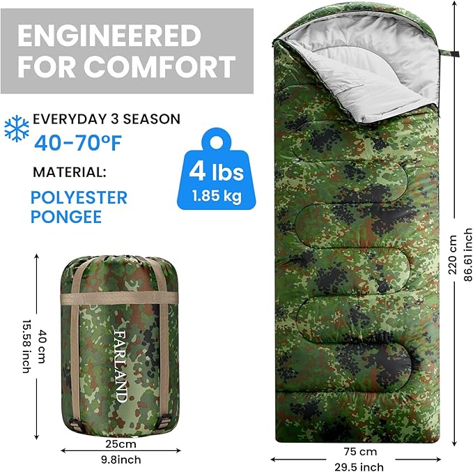 FARLAND Sleeping Bags 30℉ for Adults Teens Kids with Compression Sack Portable and Lightweight for 3-4 Season Camping HikingWaterproof Backpacking and Outdoors