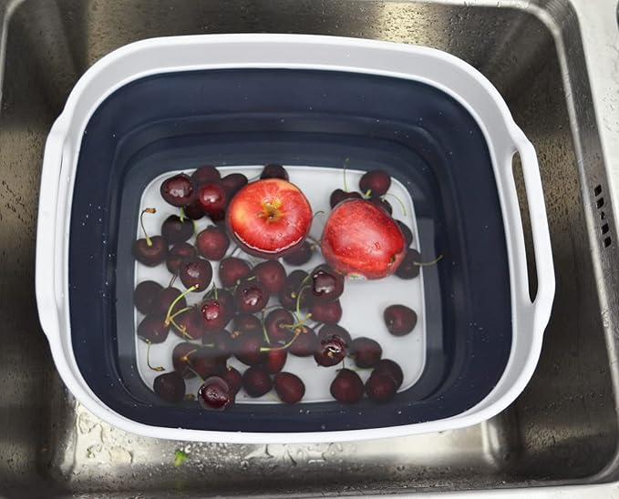SAMMART 7.5L (2 Gallons) Collapsible Dishpan with Draining Plug - Foldable Washing Basin - Portable Dish Washing Tub - Space Saving (Grey/Slate Grey 1)