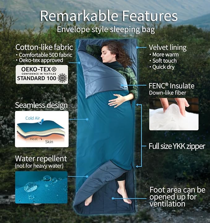 Litume Compact Sleeping Bag 68°F-50°F 1.6lbs Combinable Lightweight Portable Packable sleep sacks for Adults for Backpacking Camping Hiking Travel Family with Stuff Sack 3 seasons Velvet lined