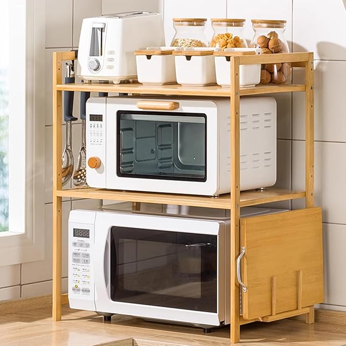 2 Tier Bamboo Kitchen Countertop Microwave Shelf with 4 HooksAdjustable Spice RackKitchen Counter Storage ShelfWood Color