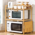 2 Tier Bamboo Kitchen Countertop Microwave Shelf with 4 HooksAdjustable Spice RackKitchen Counter Storage ShelfWood Color