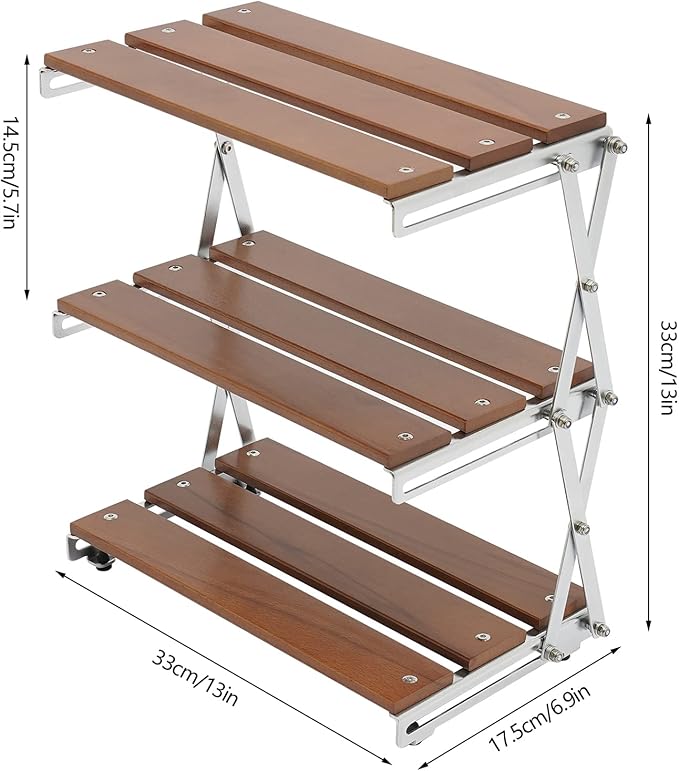 Camping Rack 3-Tier Camping Folding Storage Rack Organizer with Carry Bag Retro Rectangular Camping Dish Rack Shelf for Barbecues Camping Hiking Parties Walnut Load 10kg/22.05lbs