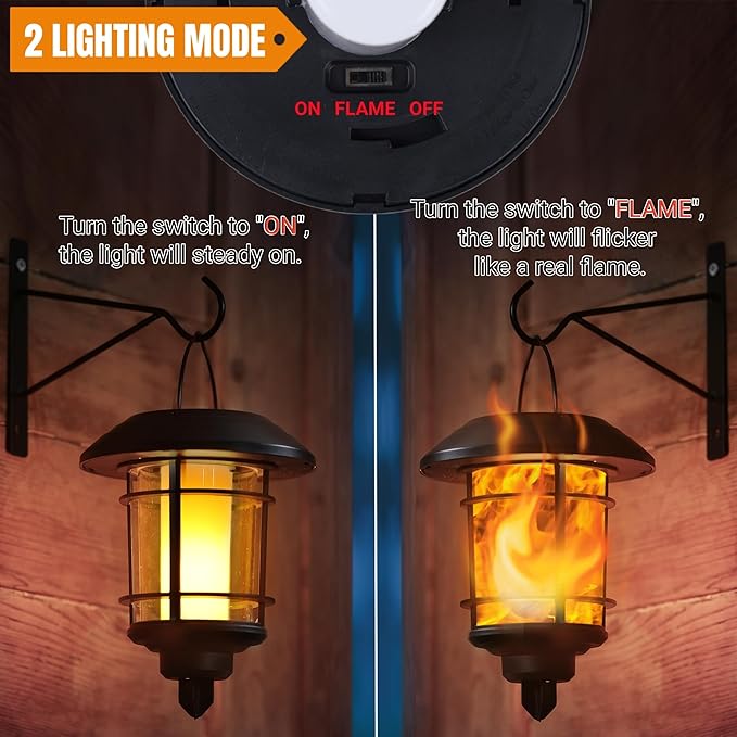 Dynaming 4 Pack Solar Flame Wall Lanterns Outdoor Solar Powered Wall Mounted Sconce Lights Flickering Flame LED Light Auto On/Off Hanging Lights Waterproof for Garage Stair Patio Porch Yard