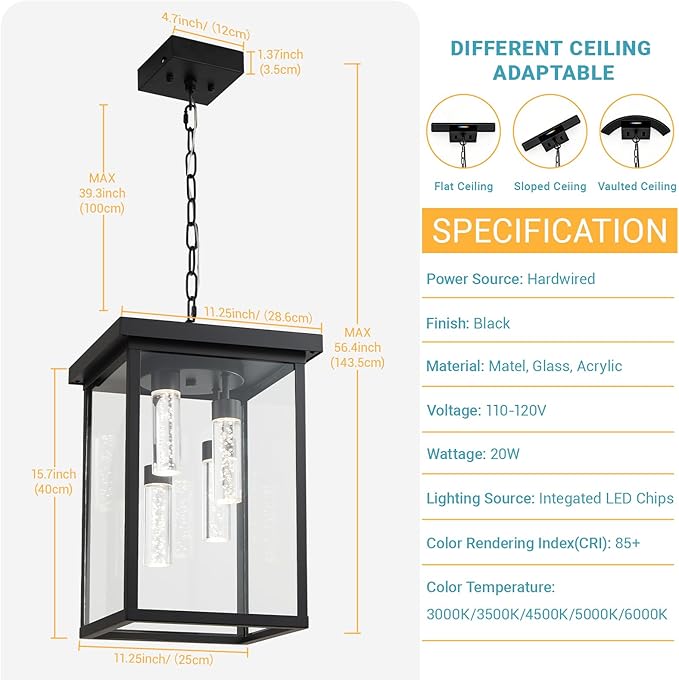 LOUSACE Modern LED Outdoor Pendant Light for Porch Large 4 Lights Exterior Hanging Light Fixtures 5CCT Dimmable Black Outside Chandelier Pendant Porch Lights with Clear Glass for Entrance Foyer