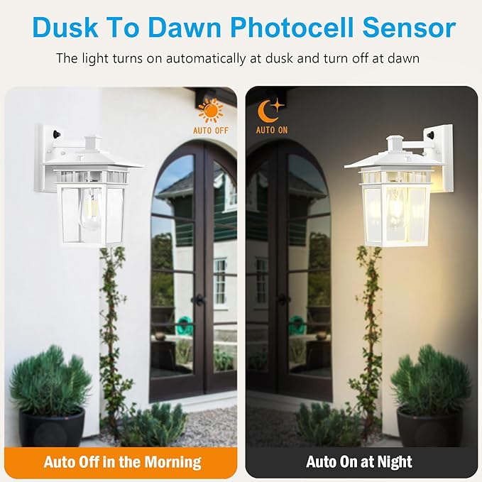 Compact Dusk to Dawn Outdoor Lighting Fixtures Wall Mount Sensor Exterior Wall Lights for House Anti Rust Porch Light White Sconce Lamp Waterproof Wall Lantern for Doorway Garage 2-Pack