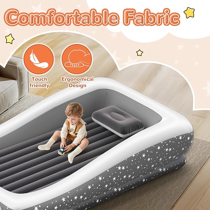Inflatable Toddler Travel Bed - Grey Soft Toddler air Mattress with Bumpers for Easy to Inflate &amp Deflate - Portable Blow up Toddler Bed Travel with Sides for Trip Sleeping