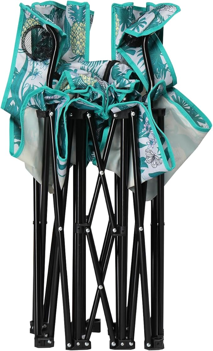 Double Folding Camping Chair W/Umbrella Fold Up Table Beverage Holder Carrying Bag Cooler for Patio Pool Park Outdoor Beach Picnic Portable (Pineapple)
