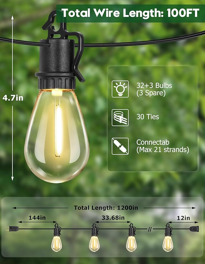 100FT Outdoor String Lights with 35 Shatterproof Patio Deals S14 Vintage Edison Bulbs E12 Sockets2700K Dimmable Outdoor LightsIP55 Waterproof LED String Lights for Outside Patio Lights