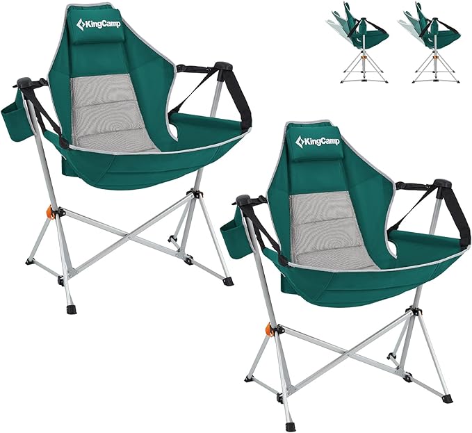 KingCamp Oversized Hammock Camping Chair Swinging Recliner Chair for Backyard Lawn Beach Camp Outside Indoor Adults Portable Lounger Folding Chair Hold Up to 264lbs Cup Holder (Green/Grey)