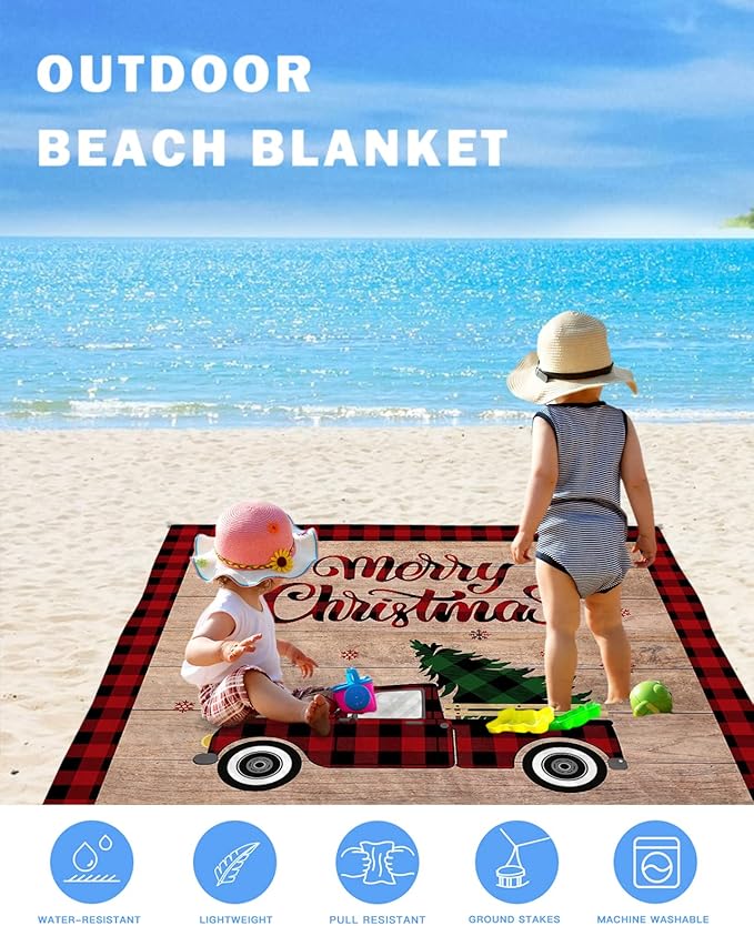 Beach Blanket Waterproof Sandproof OversizedRetro Farm Plaid Car Beach Mat with Corner Stakes Sand PocketsBuffalo Grid Xmas Tree on Wood Grain Outdoor Picnic Mat for Travel Camping Hiking 83x79In