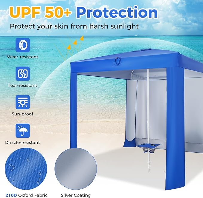 HAPPYGRILL Beach Canopy with Folding Table Outdoor Cabana with Detachable Sidewall Carrying Bag UPF 50+ Protection Sandbags Portable Outdoor Sun Shelter Tent for Beach Backyard