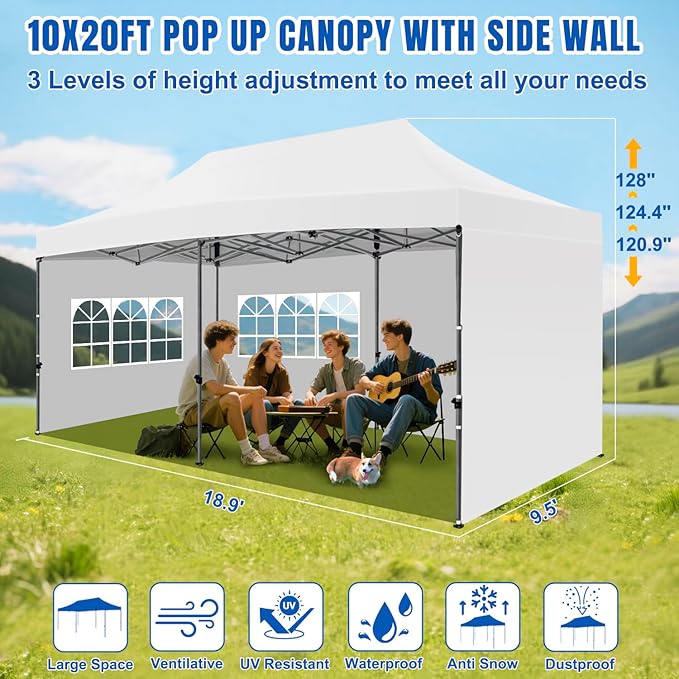 Yesker 10x20 Pop Up Canopy Tent with Sidewalls Instant Outdoor Canopy Waterproof &amp UV Protection Easy Setup Adjustable Height Heavy Duty Shelter Gazebo Tent for Patio Backyard Party Events Whit