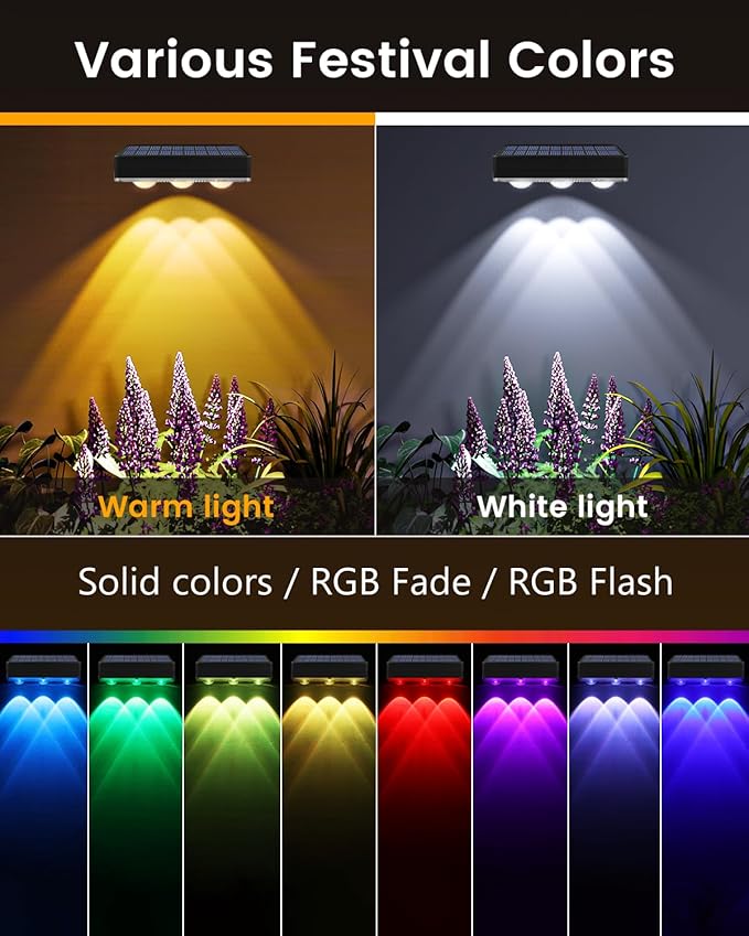 Solar Fence Lights Outdoor Waterproof Led 8Pack1300mAh 6 Inch Solar Lights for Fence with Warm White &amp RGB 8 Colors Outdoor Solar Lights for Patio Backyard Deck Fence Railing (Black)