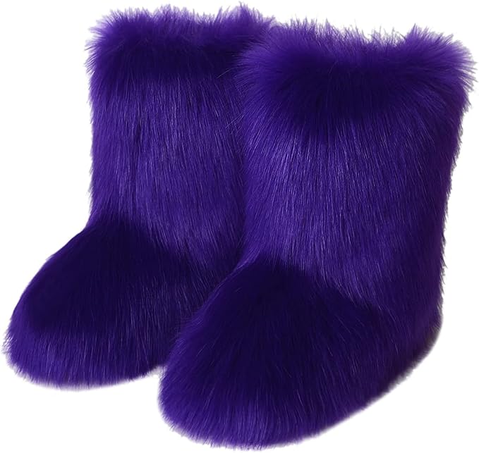 Womens Furry Faux Fur Booties Winter Warm Snow Ankle Boots Fuzzy Fluffy Furry Mid Calf Boots Outdoor Comfy Flat Shoes