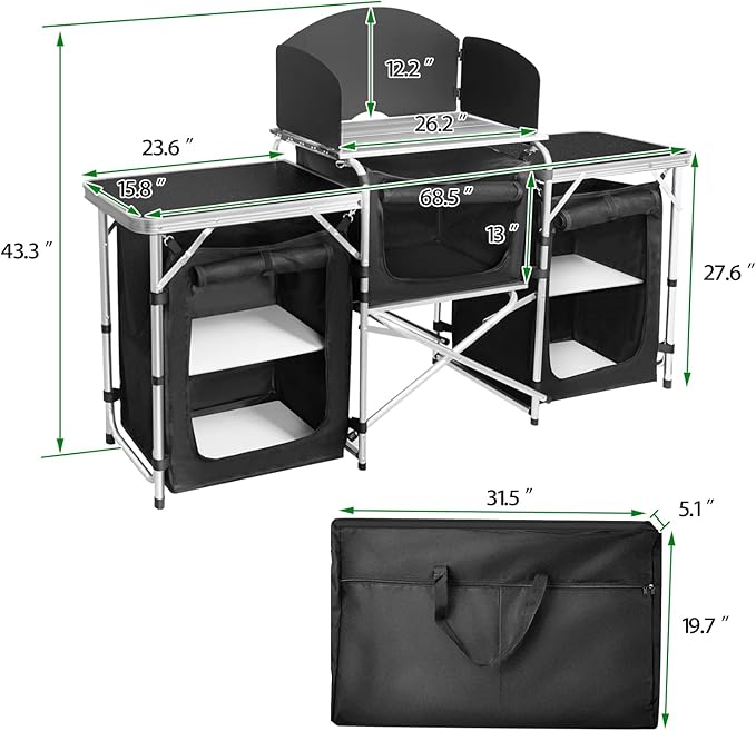 CampLand Folding Camping Kitchen Table with WindscreenPortable Outdoor Cooking Station with Storage Cabinet &amp Side Tables Heavy Duty Camp Cook Station for Camping &amp BBQ (Black3cabinet)