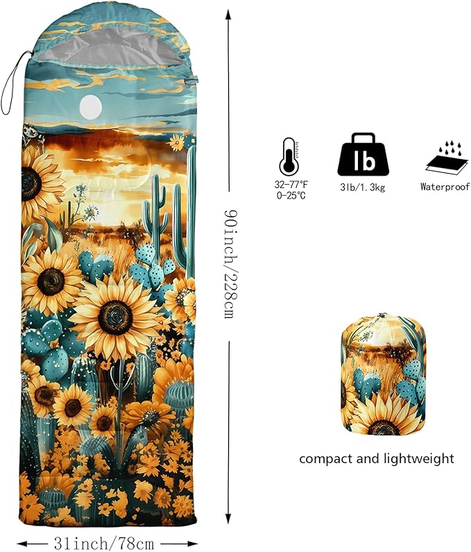 AILONEN Sunflower Sunset Sleeping Bag for Boys Girls Adults3 Season Warm &amp Cool Weather Botanical Design Lightweight Waterproof Camping Sleeping BagHikingOutdoor Backpack Traveling