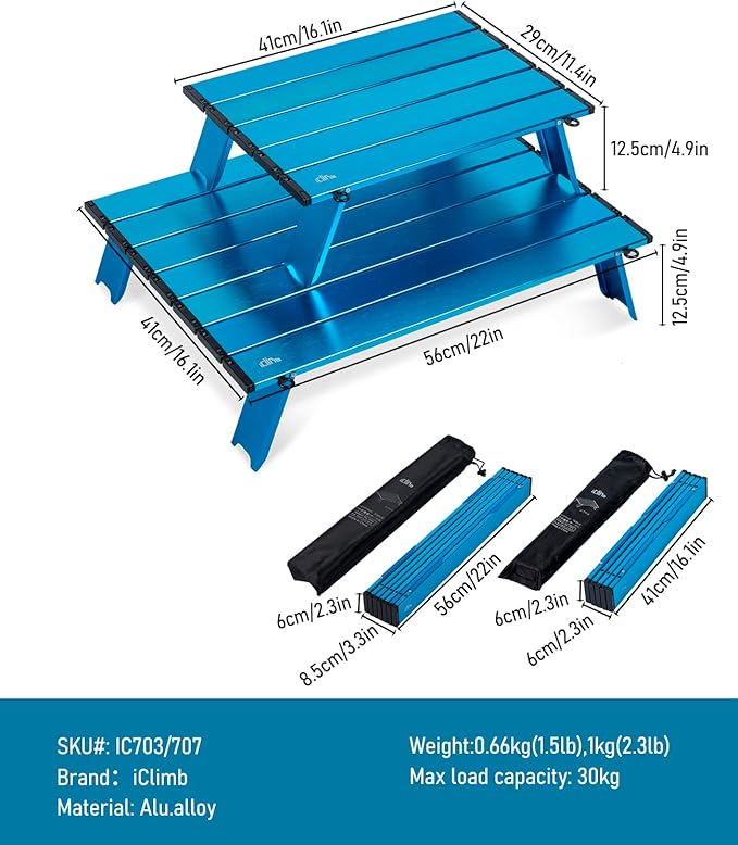 iClimb Ultralight Compact Mini Beach Picnic Folding Alu. Table with Carry Bag Two Size (Blue - S)