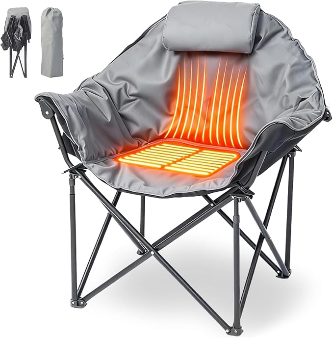Oversized Heated Camping Chair Folding Heated Outdoor Chair with Back &amp Seat Heating Heavy Duty Support 400 lbs Portable Heated Camp Chair for PatioTailgating Picnic Battery NOT Included Gr
