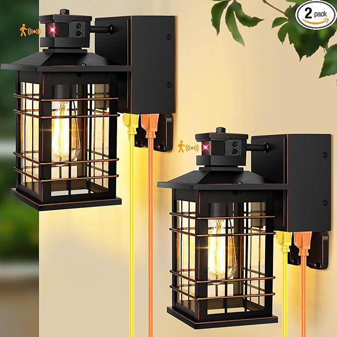 Porch Lights with GFCI Outlet 2-Pack Motion Sensor Dusk to Dawn Waterproof Outdoor Lights 3 Modes Oil-Rubbed Bronze Exterior Light Fixtures Wall Mount Outside Wall Lanterns for Front Door House