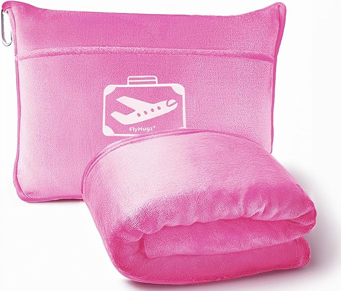FlyHugz Pink Travel Blanket &amp Pillow Set (59.1x47.2) with Carry Case Luggage Sleeve &amp Clip – Portable Lightweight Breathable &amp Washable – Perfect for Plane Car Camping &amp Travel