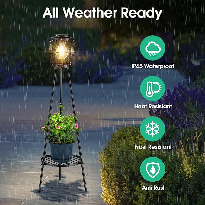 Solar Lights with Plant Stand Outdoor Floor Lamp Waterproof Solar LED Edison Bulb Light Flower Shelf for Patio Porch Deck Yard Garden Decor-1 Pack