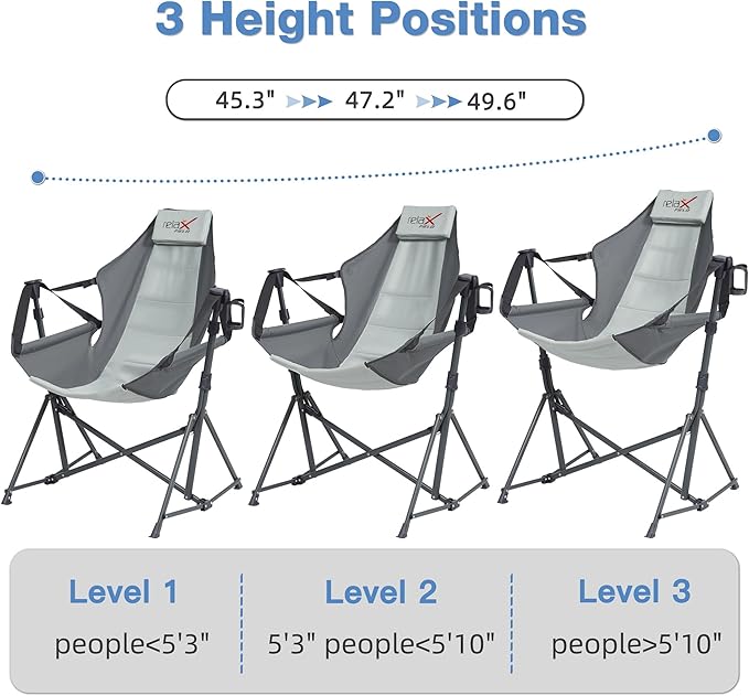Hammock Camping Chair 3 Heights Swinging Chair with Adjustable Backrest Folding Rocking Chair with Head Pillow&ampCup Holder Outdoor Chair for Camping and Hiking Supports 350lbs Grey