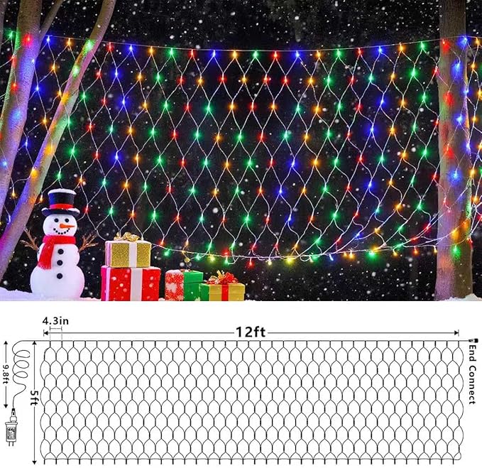 QITONG Net Lights Outdoor Mesh Lights 12ft x 5ft 360 LED Multicolor Christmas Light with 8 Modes Connectable Clear Wire Bush Light Plug in