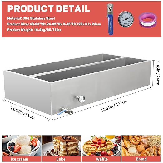 Maple Syrup Evaporator Pan 47Gal 304 Stainless Steel Maple Syrup Evaporator with Valve Thermometer and Divided Design 48 x 24 x 9.4 Inch Feed Pan for Boiling Maple Syrup for Home and Outdoor Use