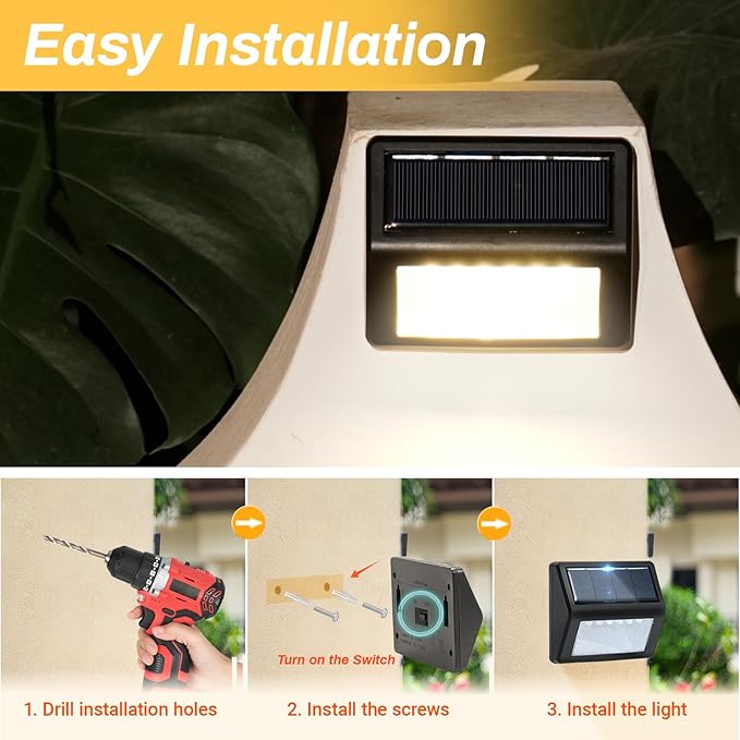 Bright Solar Fence Lights 12 Pack Outdoor Step Lights IP65 Waterproof 3000K Warm-White Dusk to Dawn Outdoor Lighting with 6 LED for Wall Garage Patio Exterior Porch