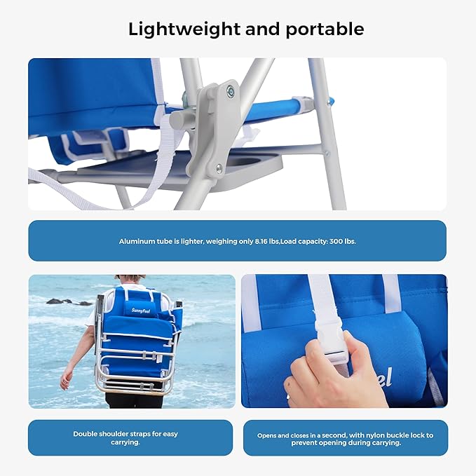 SUNNYFEEL Portable Beach Chair Lightweight Beach Chair for Adults Folding Camping Chair with Side Table &amp Organizer Bag 3 Position Adjustable Support 300lbs Heavy Duty Low Back Blue 2 Pack