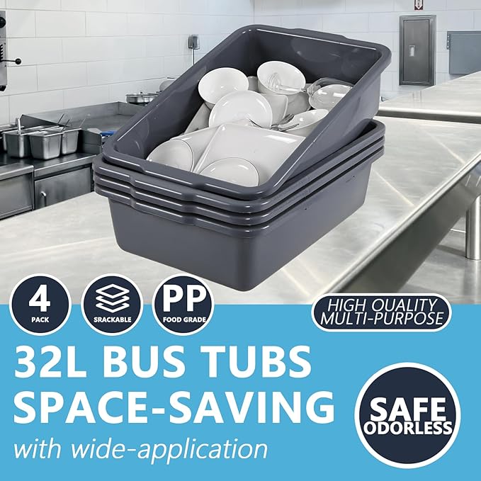 4-Pack 32 L Plastic Dish Tub Large Utility Bus Box Restaurant Dish Bin Gray