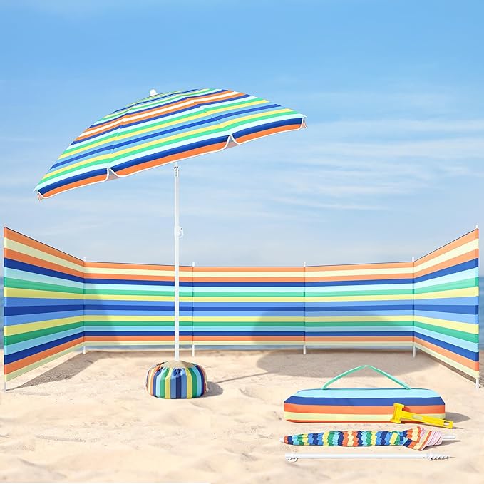 Sliner 20ft Beach Windscreen Kit with Adjustable Beach Umbrella Outdoor and Sand Anchor Wind Blocker for Sand Portable Windscreen Sunbathing Privacy Screen with Bag and Hammer Rainbow Stripe