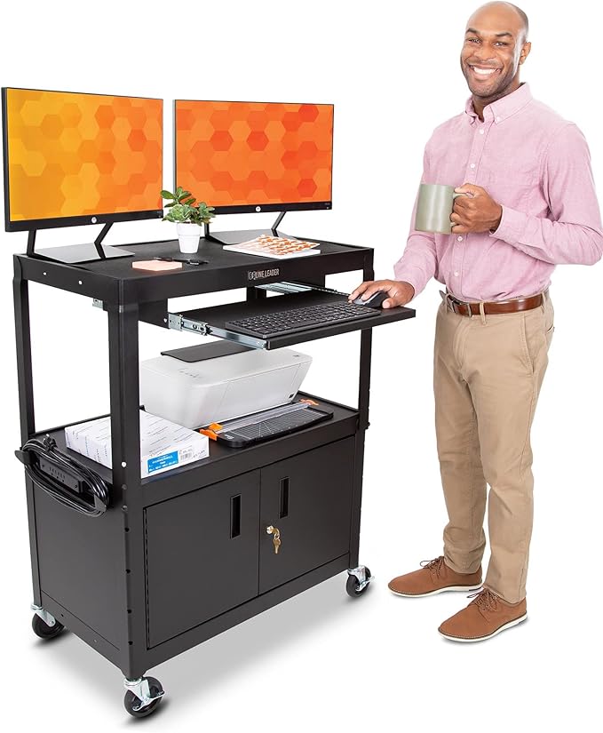 Line Leader Large AV Cart with Locking Cabinet | Height Adjustable Utility Cart with Pullout Keyboard Tray &amp Cord Management | UL Safety-Certified Computer Cart | Easy Assembly (32 x 18 x 42in)