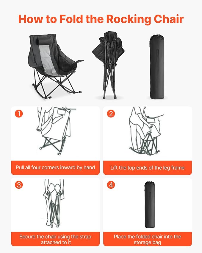 VEVOR Rocking Camping Chair Portable Folding Rocker Heavy-Duty Lawn Chair Recliner with Cupholder &amp Pocket Supports 225lbs Fully Padded Camp Chairs for Outdoor Patio Backyard Porch Garden