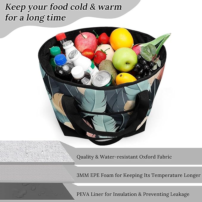 Insulated Shopping BagLarge Reusable Cooler Bags Feather Printed Foldable Shopping BagTravel Waterproof Shoulder Bag