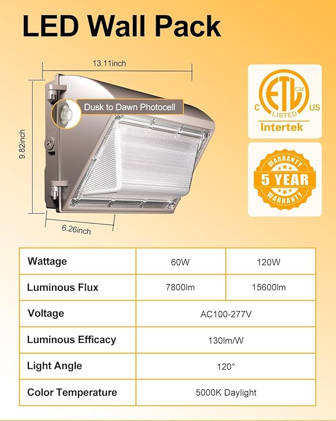 LED Wall Pack Light 60W 7800lm with Dusk to Dawn Photocell 5000K Daylight Wall Pack Outdoor Light Repalces 600W HPS/HID Light IP65 Waterproof for Stadium Yard Buildings Parking Lots