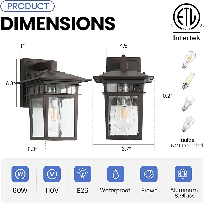 Outdoor Lighting Fixtures Wall Mount Exterior Wall Sconces Set of Two Brown Outdoor Porch Lights with Seeded Glass for Garage Front Door House