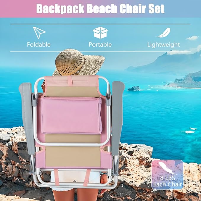 GYMAX Beach Chairs Backpack Camping Chair with Armrest Cooler Bag Cup Holder Towel Bar &amp Side Pockets Sunbath Sling Tanning Lounge Folding Layout Chair (with Table Pink)