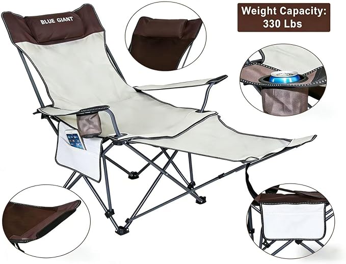 2 Pack Adjustable Folding Camping Chairs with Detachable Footrest and Headrest Lightweight and Portable Ideal for Hiking Travel Fishing and Outdoor Activities (Beige)