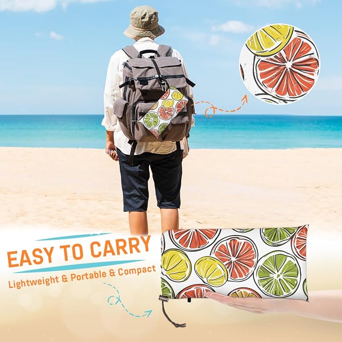 Waterproof Sandproof Beach Blanket 59''×68'' Simply Lemon Polyester Outdoor Picnic Blanket with 4 Stakes &amp Storage Bag for BeachCampingVacation White