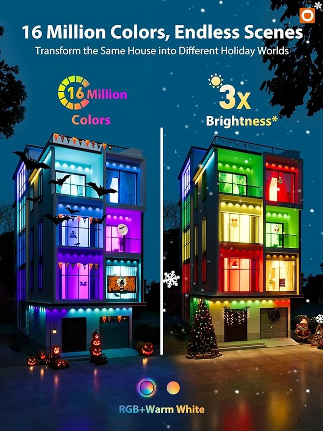 addlon 100FT Permanent Outdoor Lights Smart RGB+IC LED Lights for House &amp Outdoor Decor App &amp Remote Control DIY Scene Modes IP67 Waterproof for Christmas Holiday Party Halloween Decora
