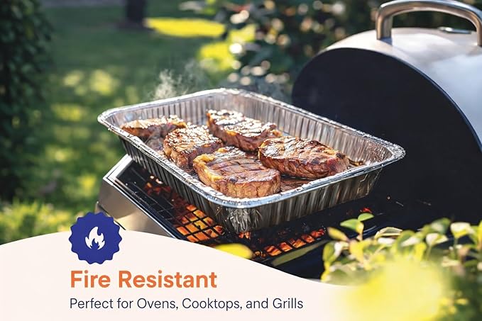 PRIME BASIC Aluminum Pans Half Size Disposable Roasting &amp Baking Pan 9x13 Deep Foil Pans (100 Pack) Extra Heavy Duty Chafing Trays for Hotels Restaurants Caterers Buffets.