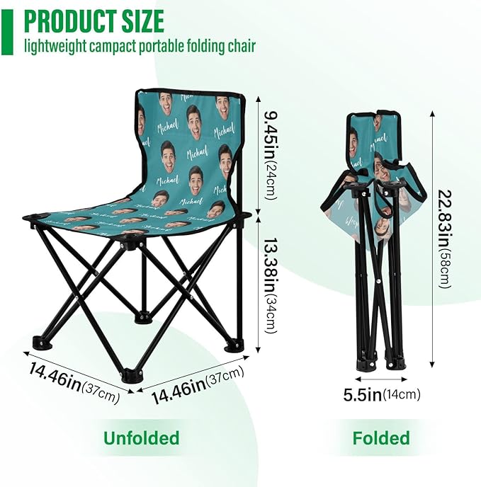 Sinestour Teal Blue Custom Photo Folding Camping Chair for Teen Child Personalized Name 14.6×14.6in Portable Outdoor Chair with Carry Bag for Travel Barbeques Picnic