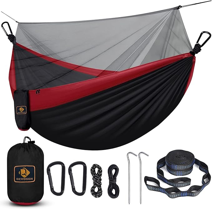 Camping Hammock with NetPortable Lightweight Double Hammocks with Tree Straps and Solid D-Shape CarabinersParachute Nylon Hammock for Backpacking Beach Backyard Patio Hiking Black&ampRed